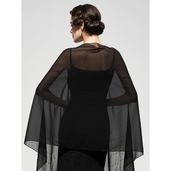 Women Black Sequin Chiffon Shawls and Wraps Formal Rhinestone for Evening Dress - Picture 3 of 6